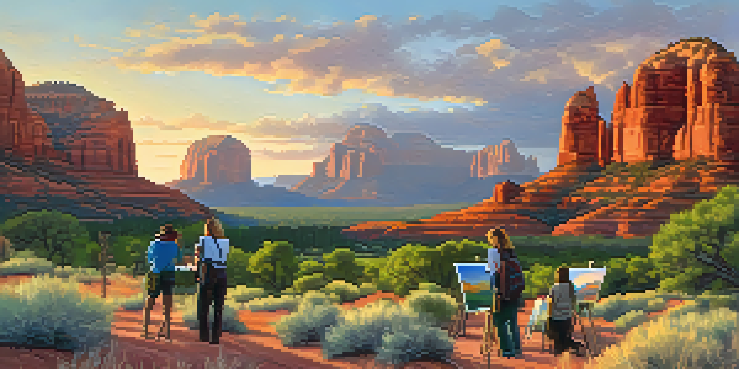 A scenic sunset view of Sedona's red rock formations with young artists sketching in the foreground amidst greenery and wildflowers.