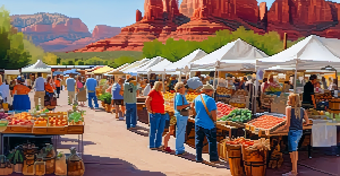 A lively farmers' market in Sedona with artisans showcasing colorful handmade crafts, surrounded by red rock formations.