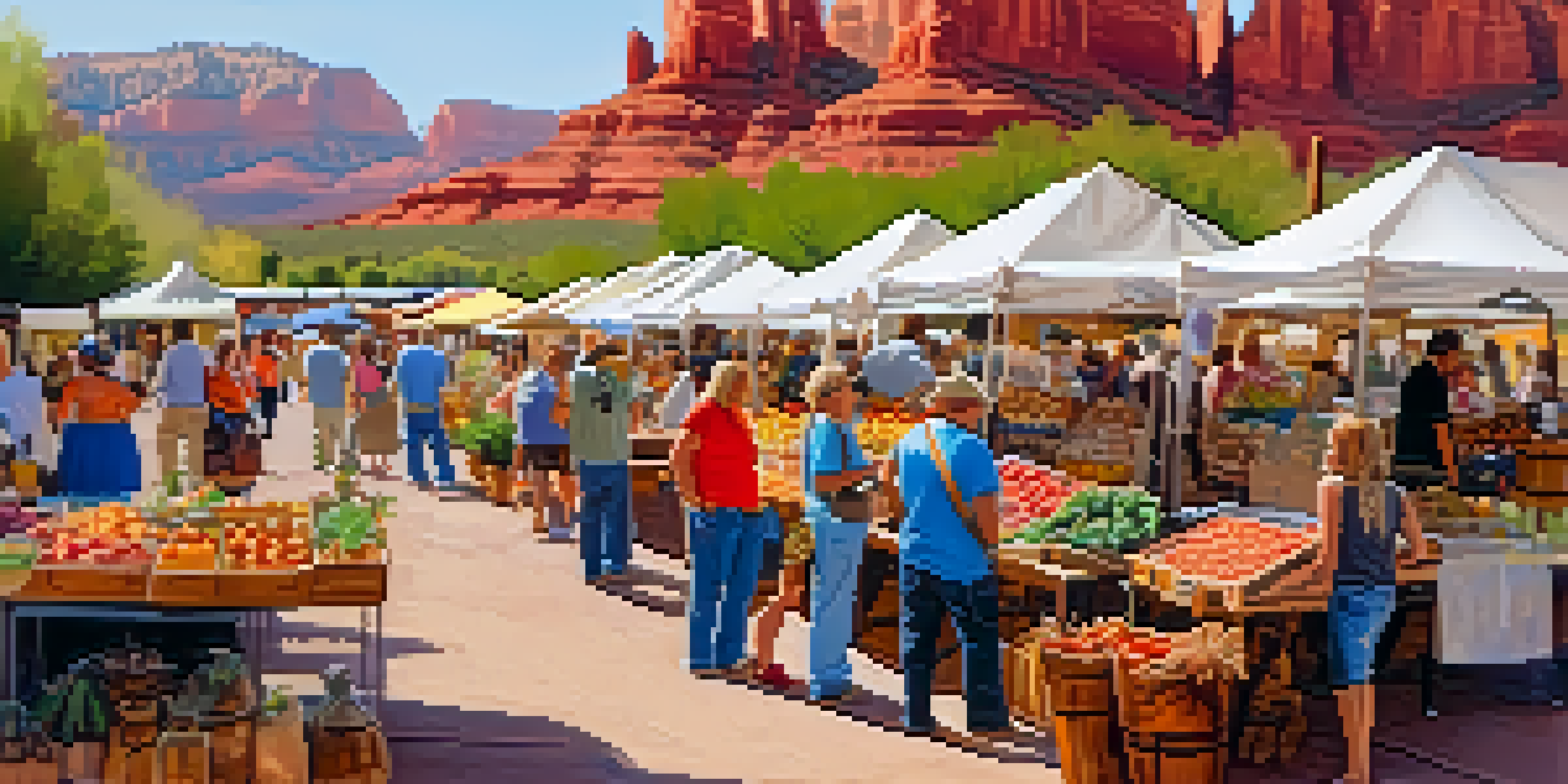 A lively farmers' market in Sedona with artisans showcasing colorful handmade crafts, surrounded by red rock formations.