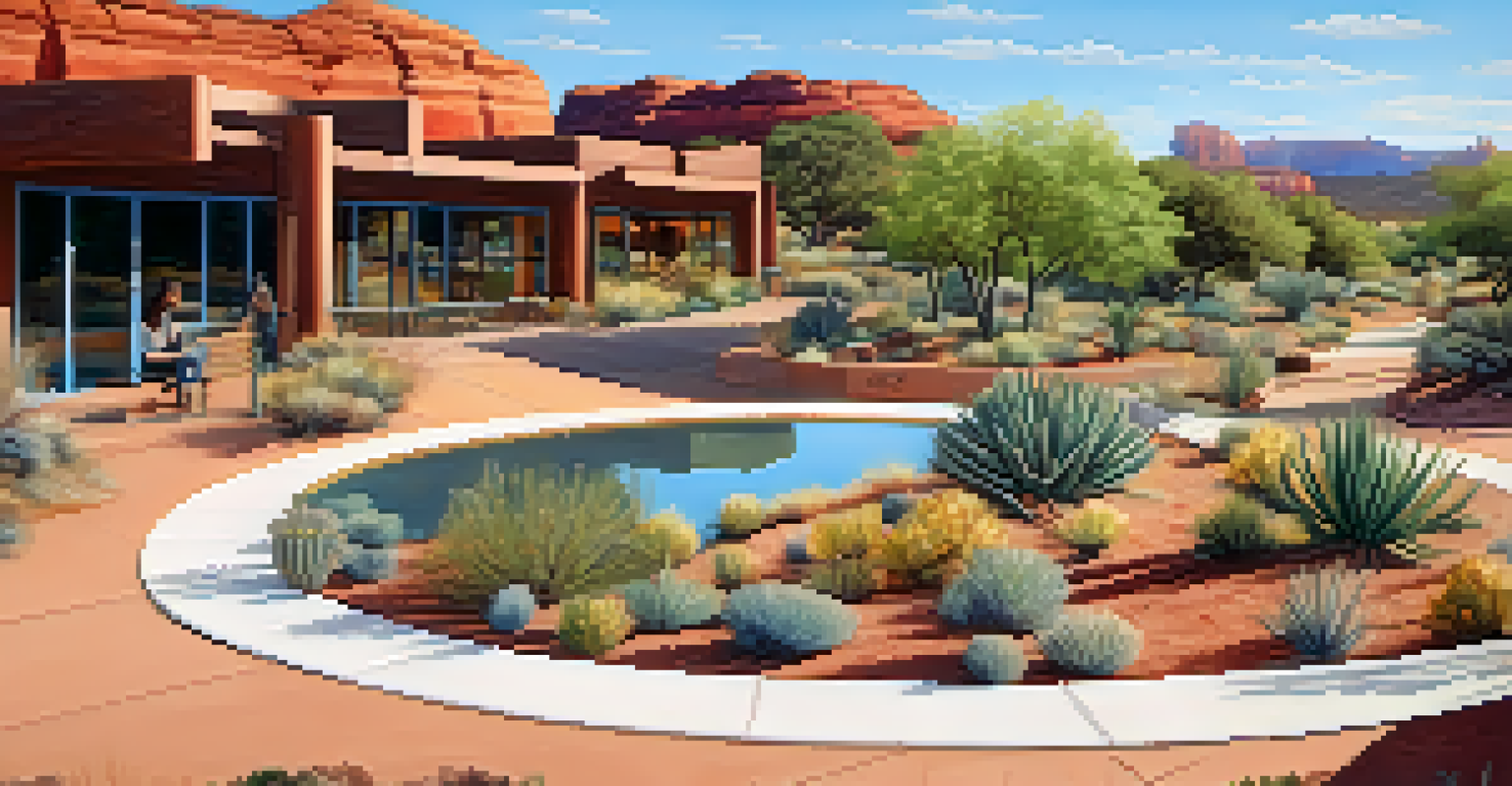 A public art installation in Sedona with desert plants and modern architecture in the background, inviting community engagement.