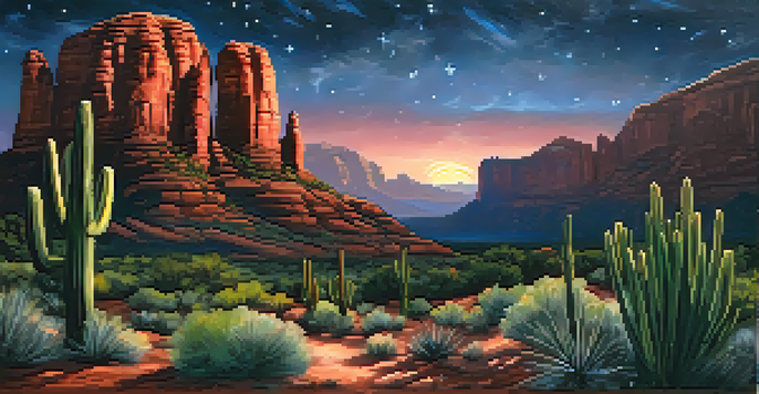 A stunning view of Sedona's night sky with numerous stars and the Milky Way, alongside red rock formations and cacti in the foreground.