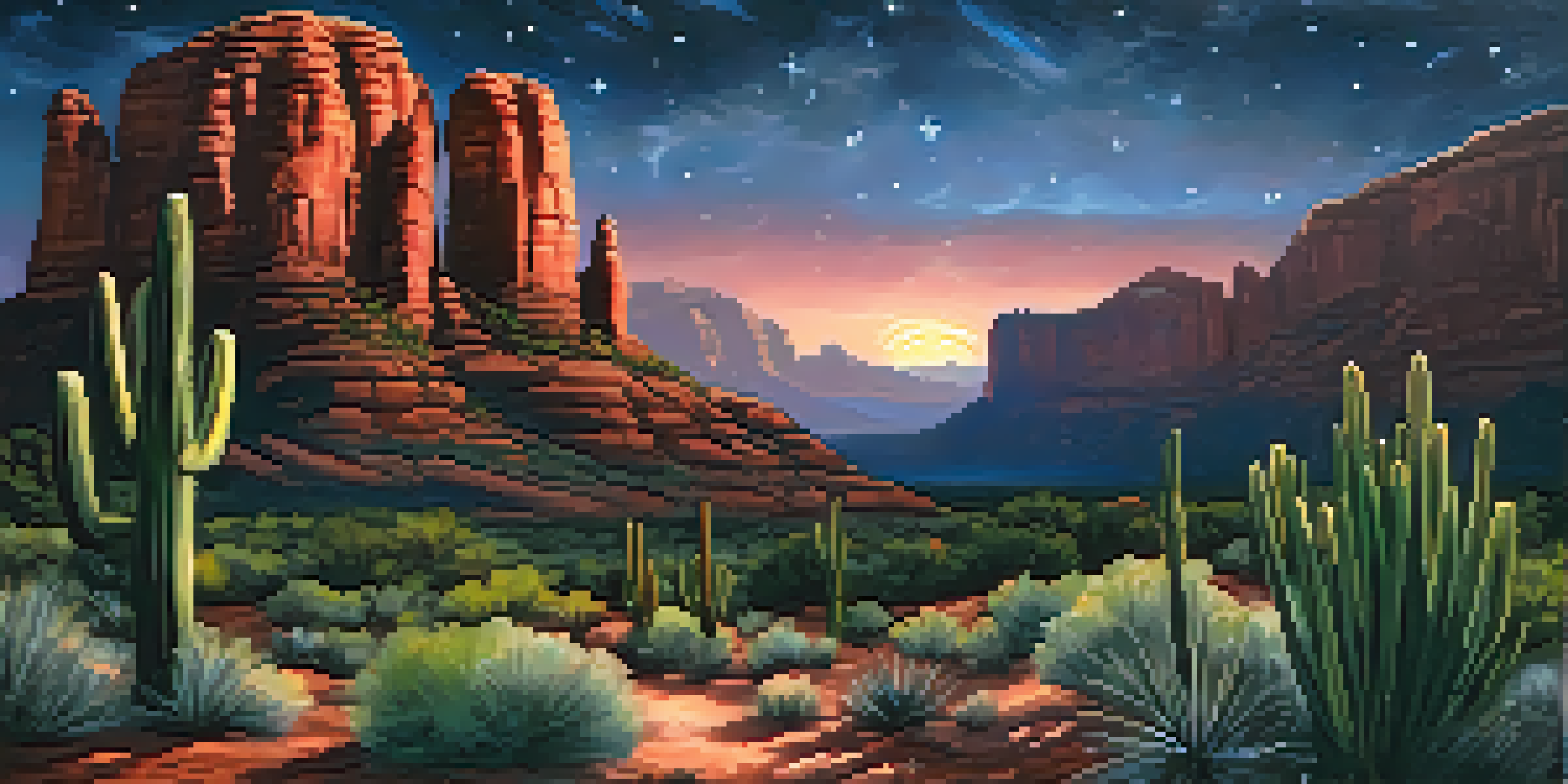 A stunning view of Sedona's night sky with numerous stars and the Milky Way, alongside red rock formations and cacti in the foreground.
