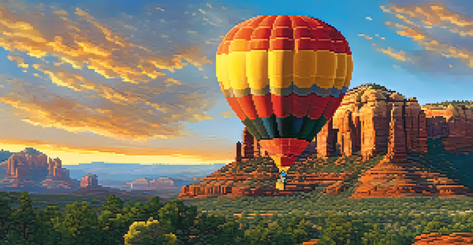 A vibrant hot air balloon ascending at sunrise, with Sedona's red rocks beneath painted in warm tones.