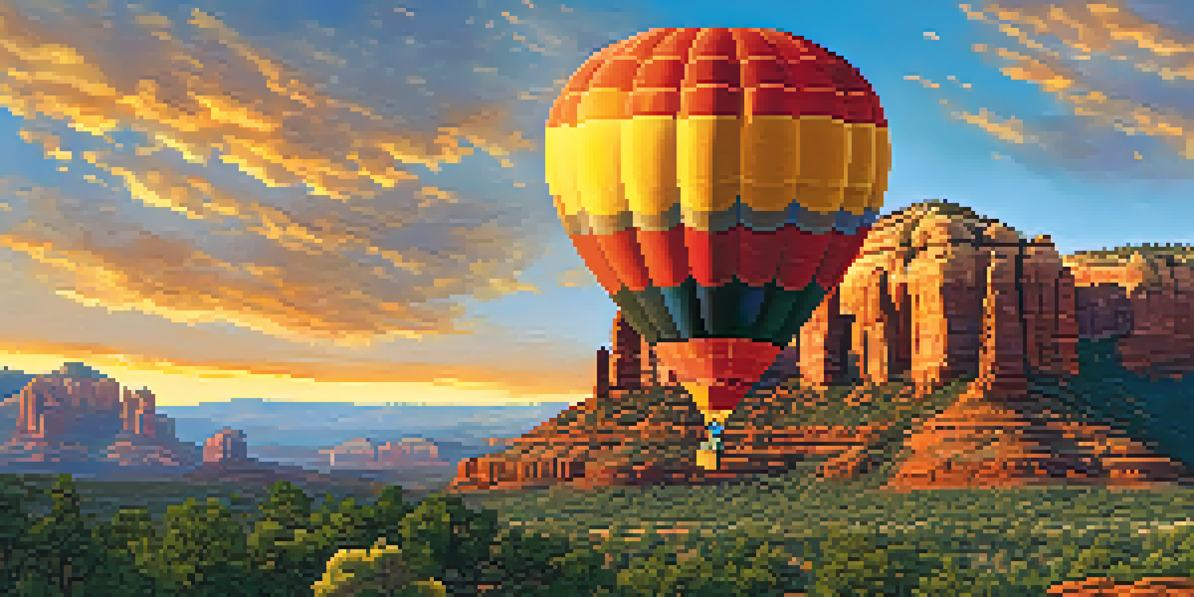 A vibrant hot air balloon ascending at sunrise, with Sedona's red rocks beneath painted in warm tones.
