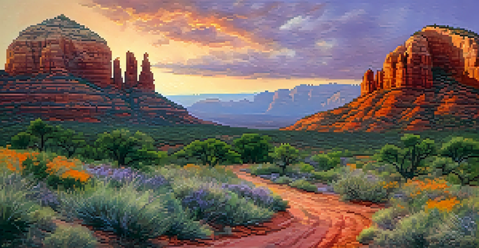 A panoramic view of Sedona's red rocks during sunset, featuring a hiking path and vibrant sky colors.