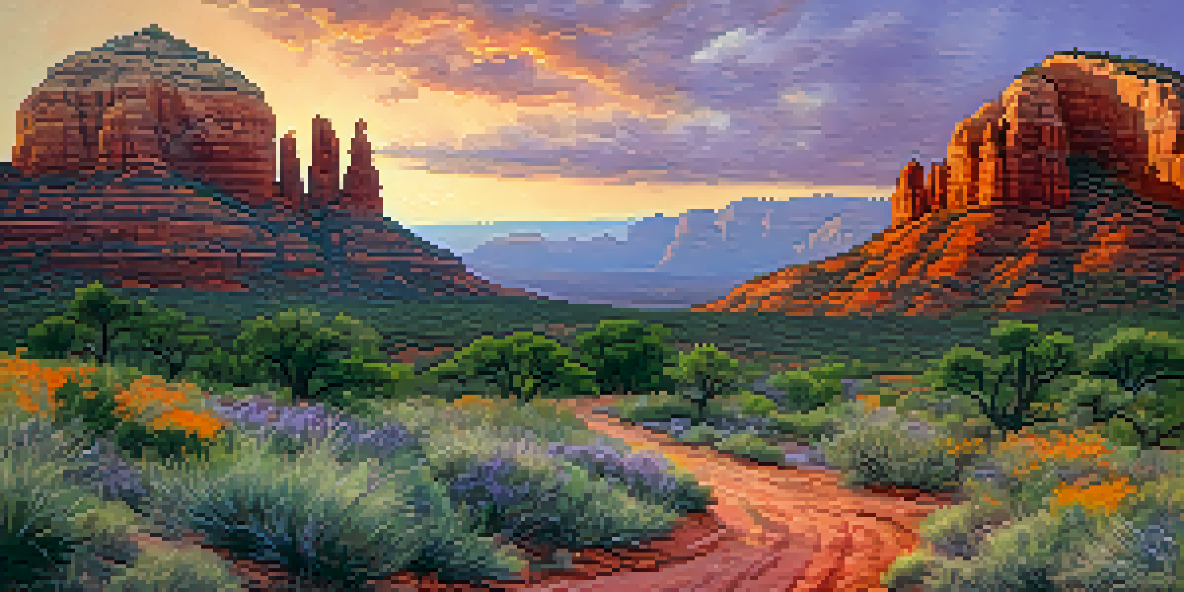 A panoramic view of Sedona's red rocks during sunset, featuring a hiking path and vibrant sky colors.