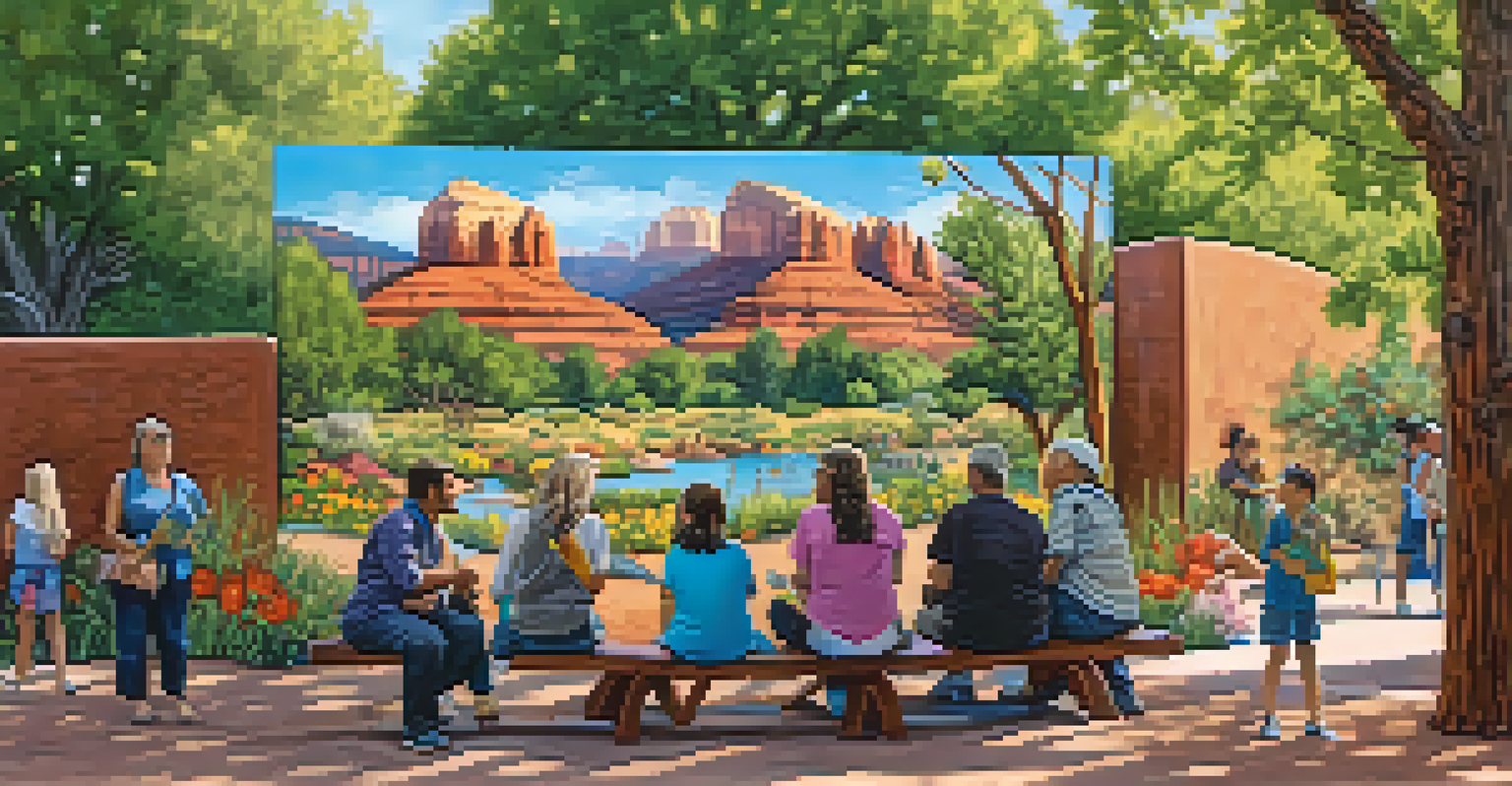 A public art installation in Sedona featuring a colorful mural, with community members enjoying a picnic nearby in a lush park setting.