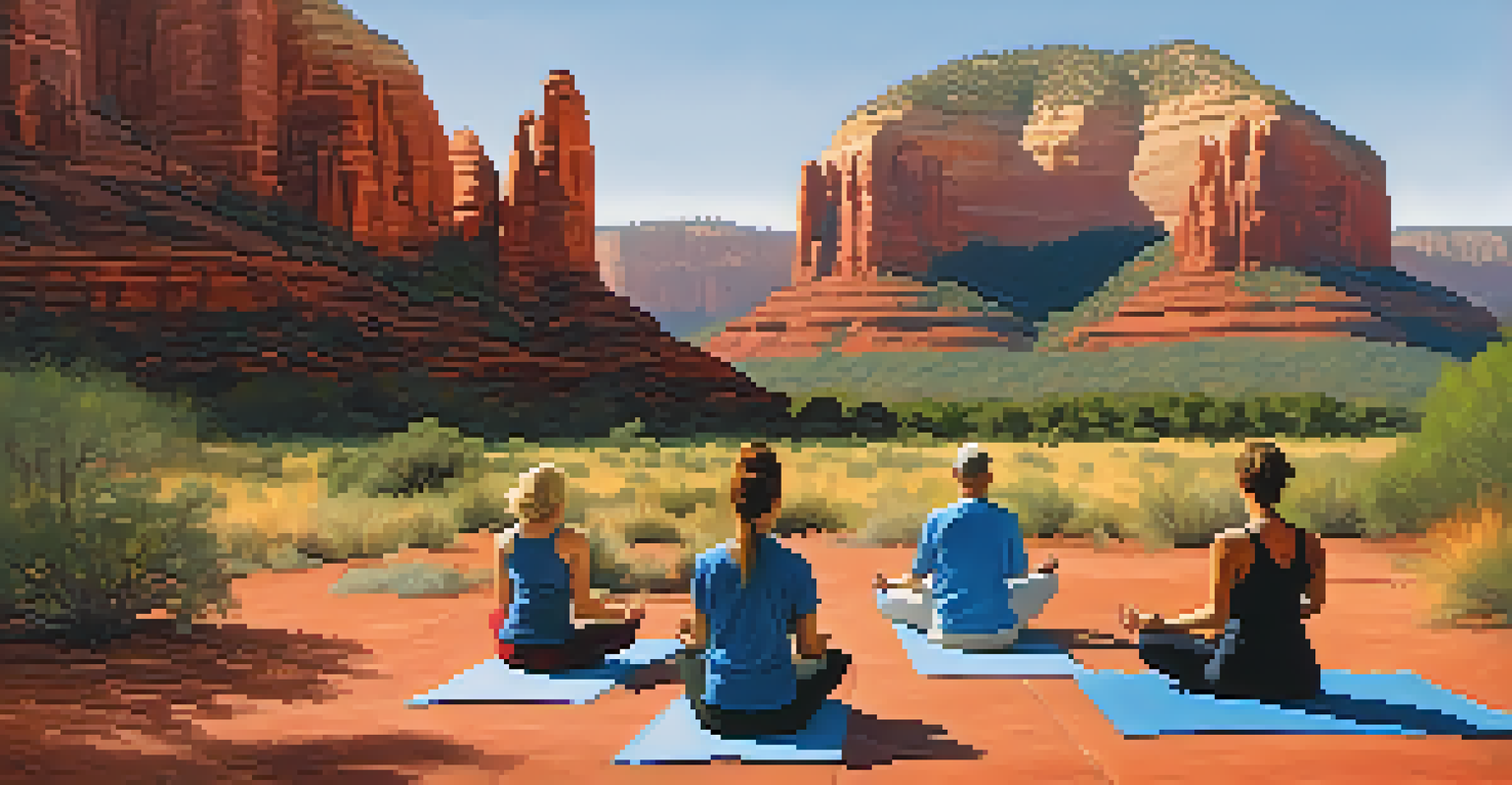 Individuals meditating and practicing yoga outdoors in Sedona, with red rock formations in the background under a clear blue sky.