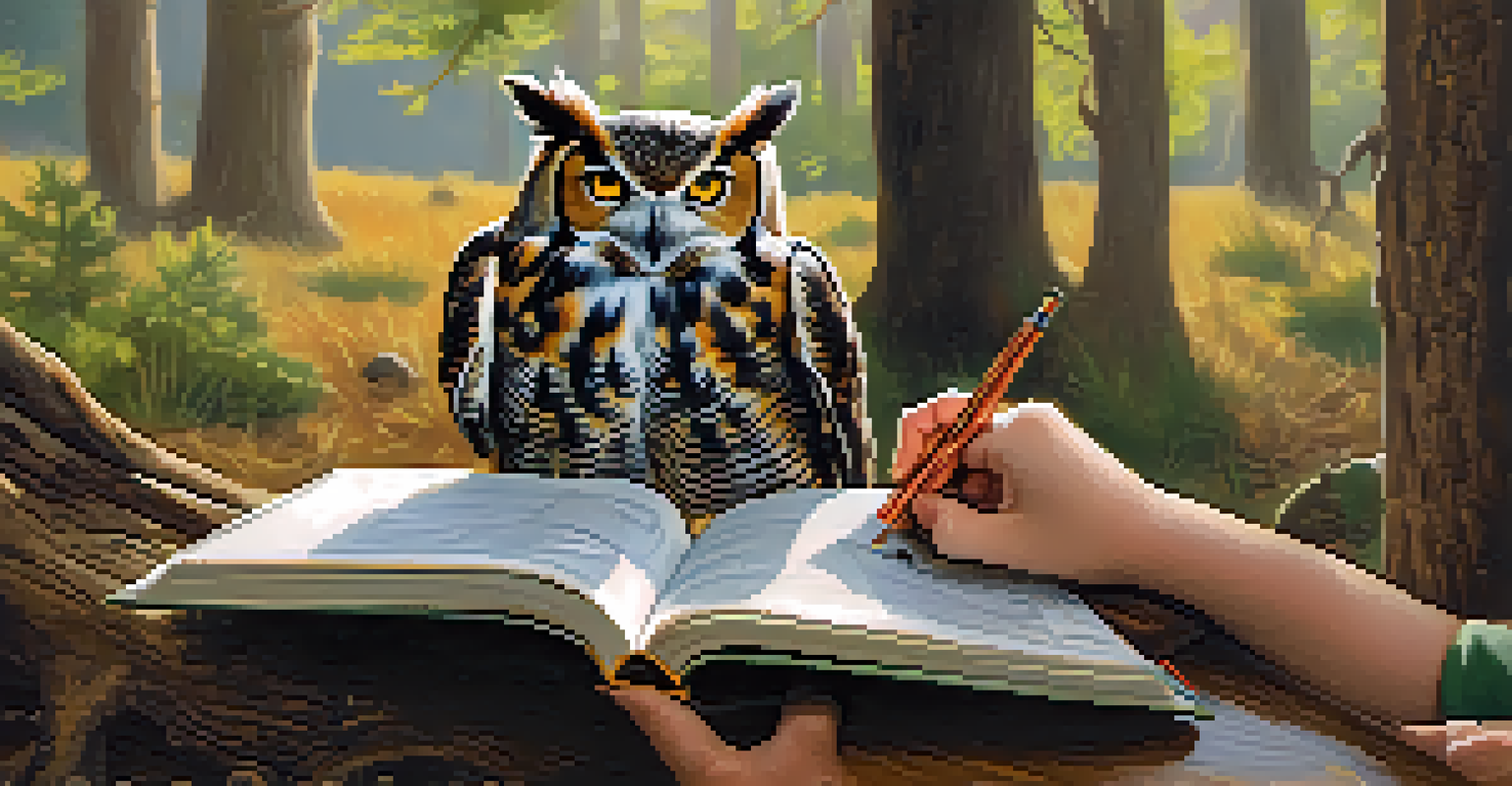 A child holding a field guide with binoculars and a sketchbook nearby, with an owl in the background.