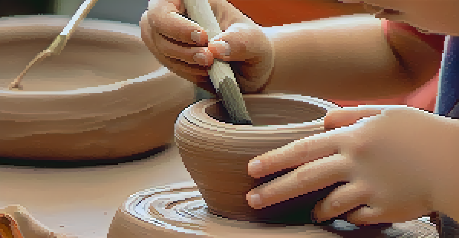 A child’s hands shaping clay pottery in a creative studio filled with art supplies.