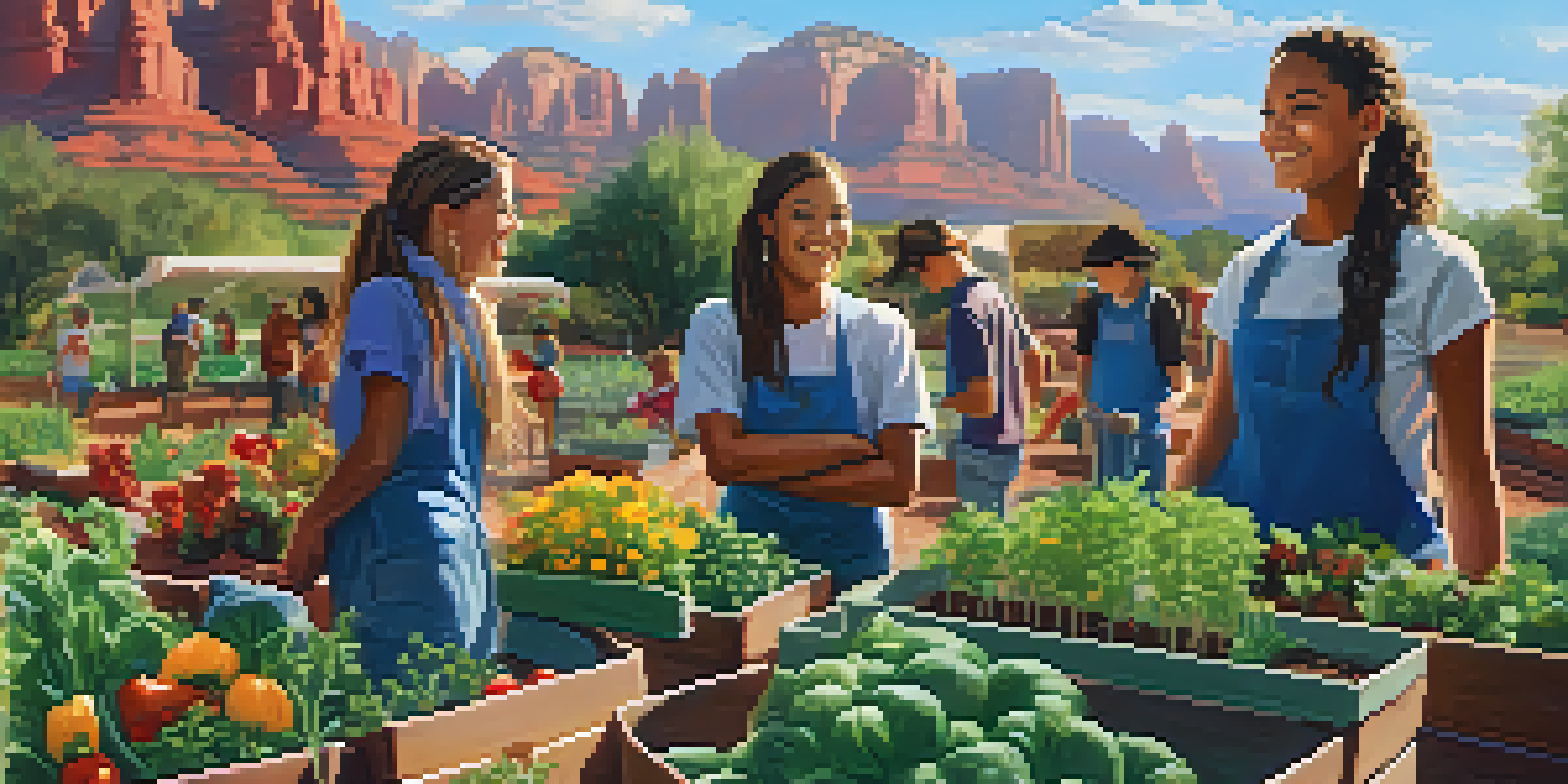 A diverse group of teens volunteering in a community garden under bright sunlight, planting flowers and vegetables amidst greenery and red rocks.