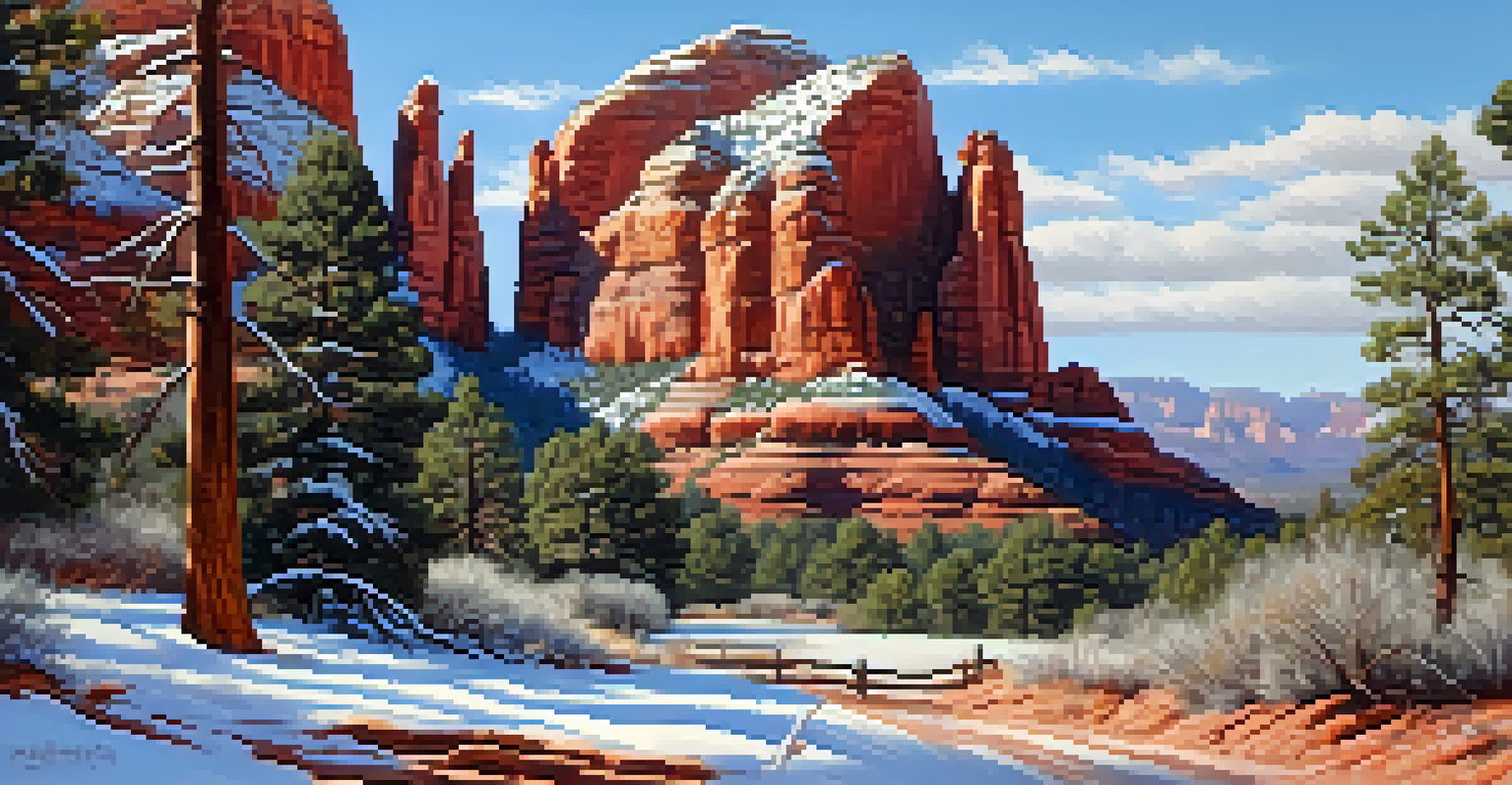 A serene winter landscape in Sedona with snow-covered red rocks and a cozy cabin in the distance.