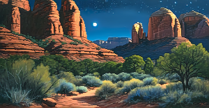 A serene night scene in Red Rock State Park, featuring illuminated rock formations and a star-filled sky.