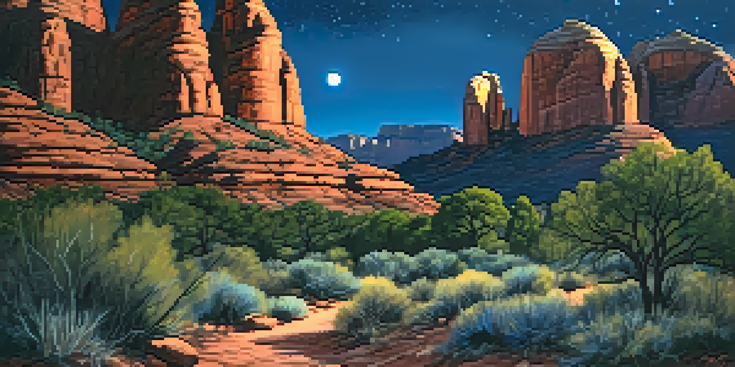A serene night scene in Red Rock State Park, featuring illuminated rock formations and a star-filled sky.