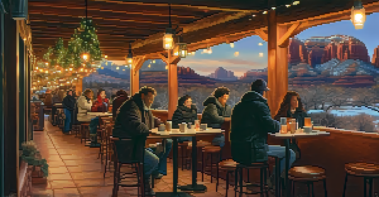 An outdoor café in Sedona during winter, with people sipping hot drinks and the red rock formations glowing in the sunset behind them.