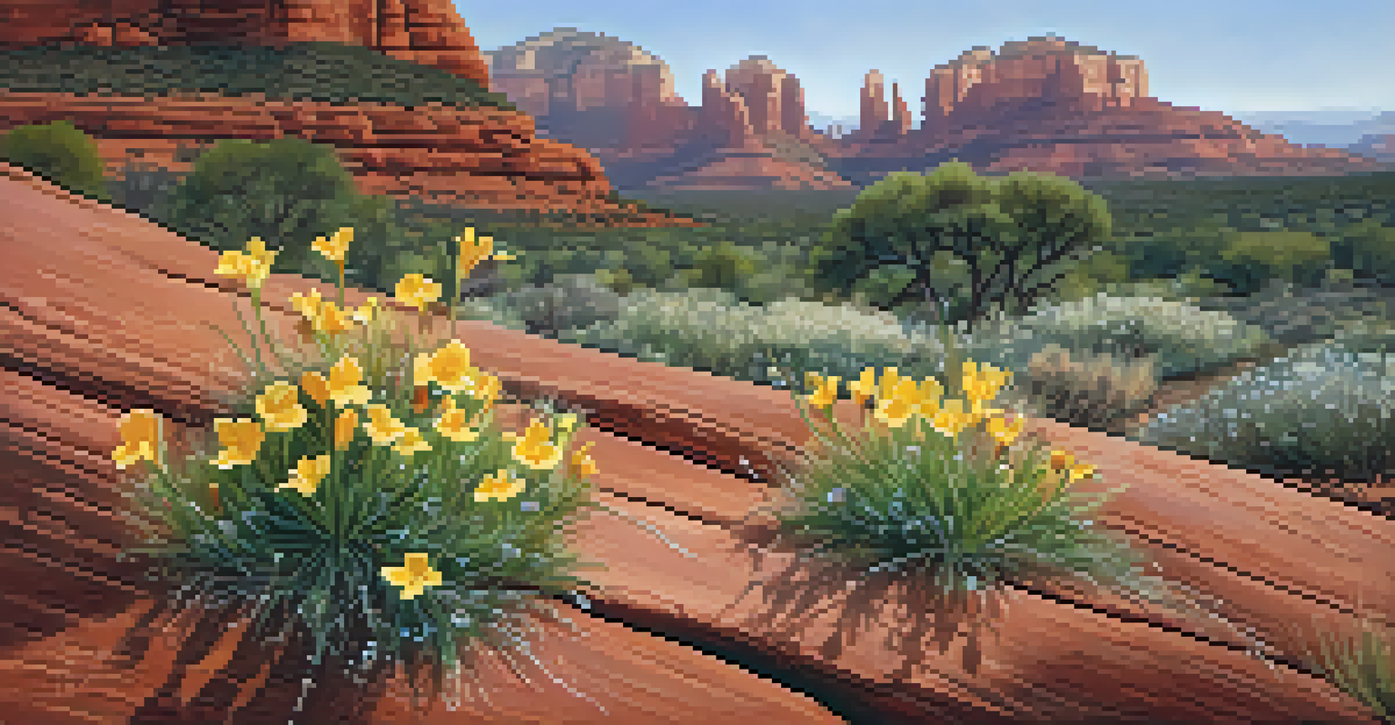 Close-up of vibrant wildflowers in Sedona with red rock formations blurred in the background.