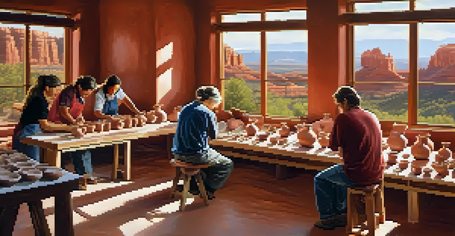 Participants engaged in a pottery workshop in a sunny studio with views of Sedona's red rocks.