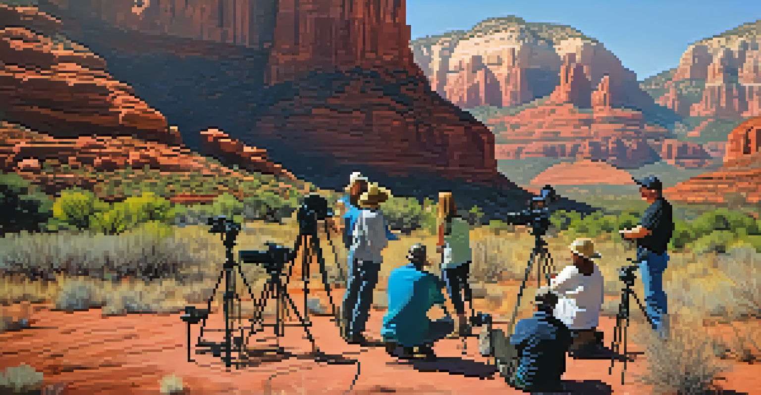 A group of photographers in an outdoor workshop in Sedona, surrounded by red rock cliffs and engaging in discussions.