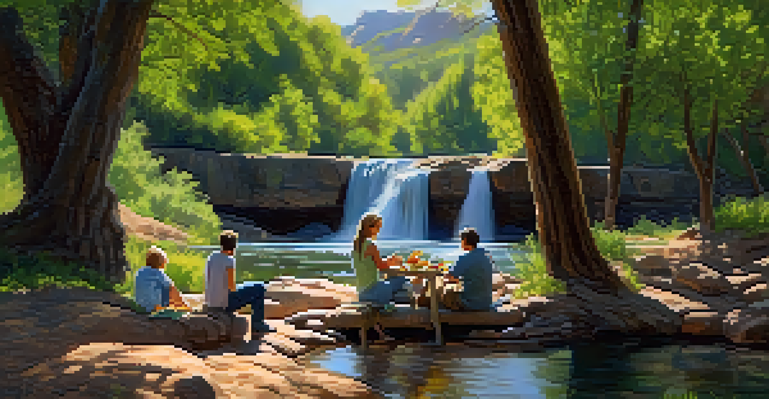 A family enjoying a picnic by the creek in Oak Creek Canyon with lush greenery.