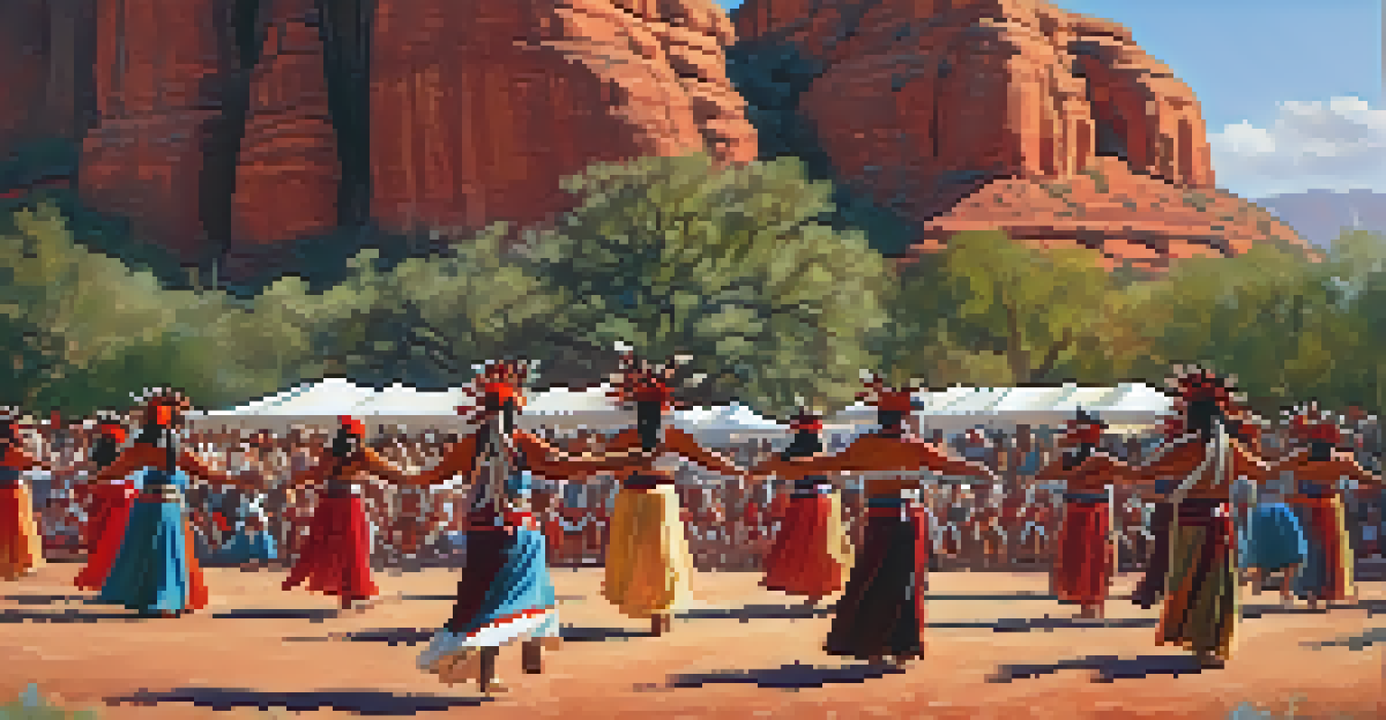 A traditional dance performance during a Native American cultural festival in Sedona, with dancers in traditional attire and spectators.