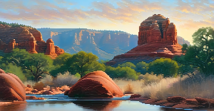 A landscape in Sedona with red rock formations and a natural sculpture by Oak Creek, illuminated by sunrise light.
