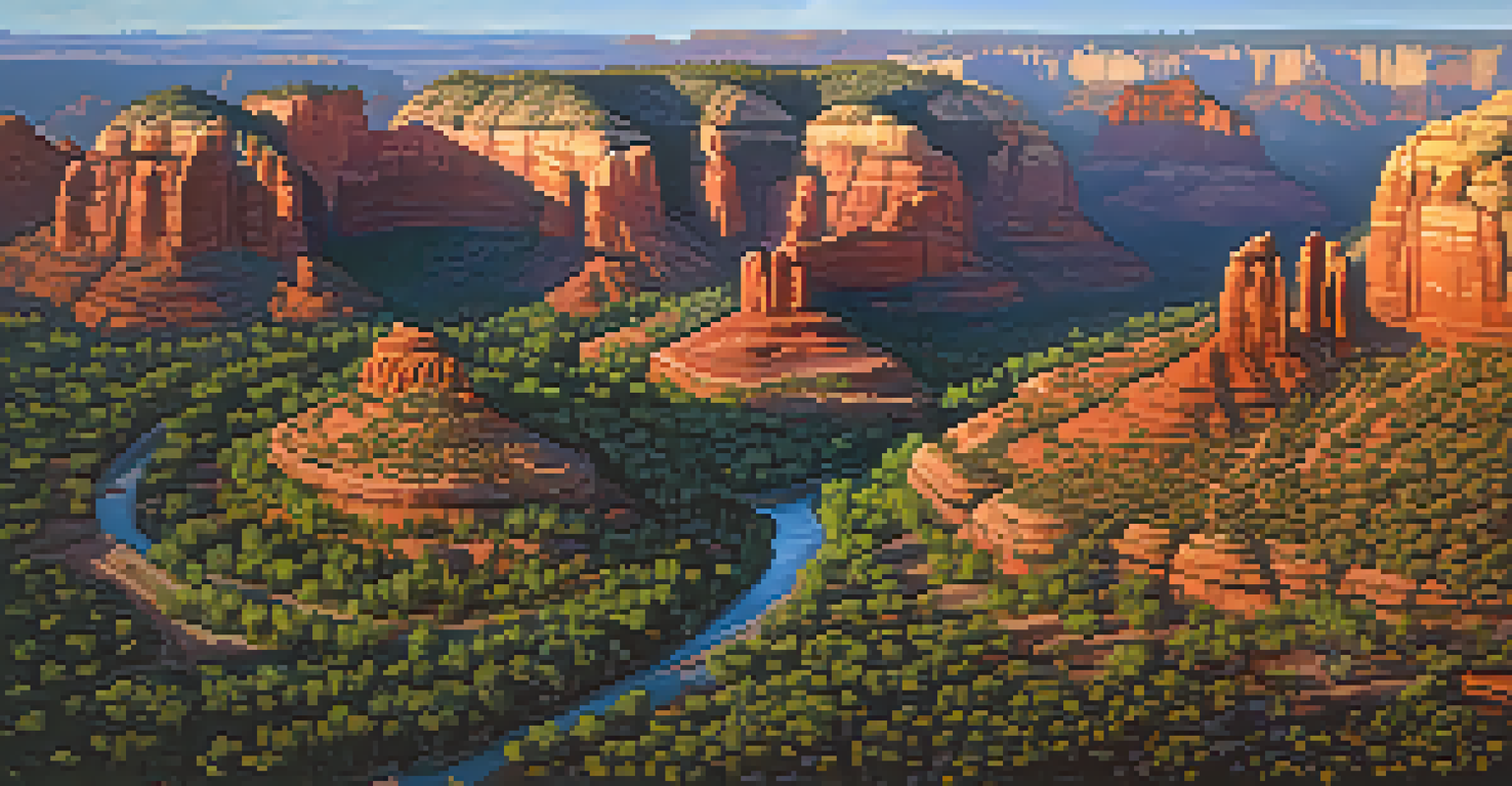 An aerial view of Sedona's Seven Sacred Sites, showcasing unique rock formations and greenery illuminated by the morning sun.