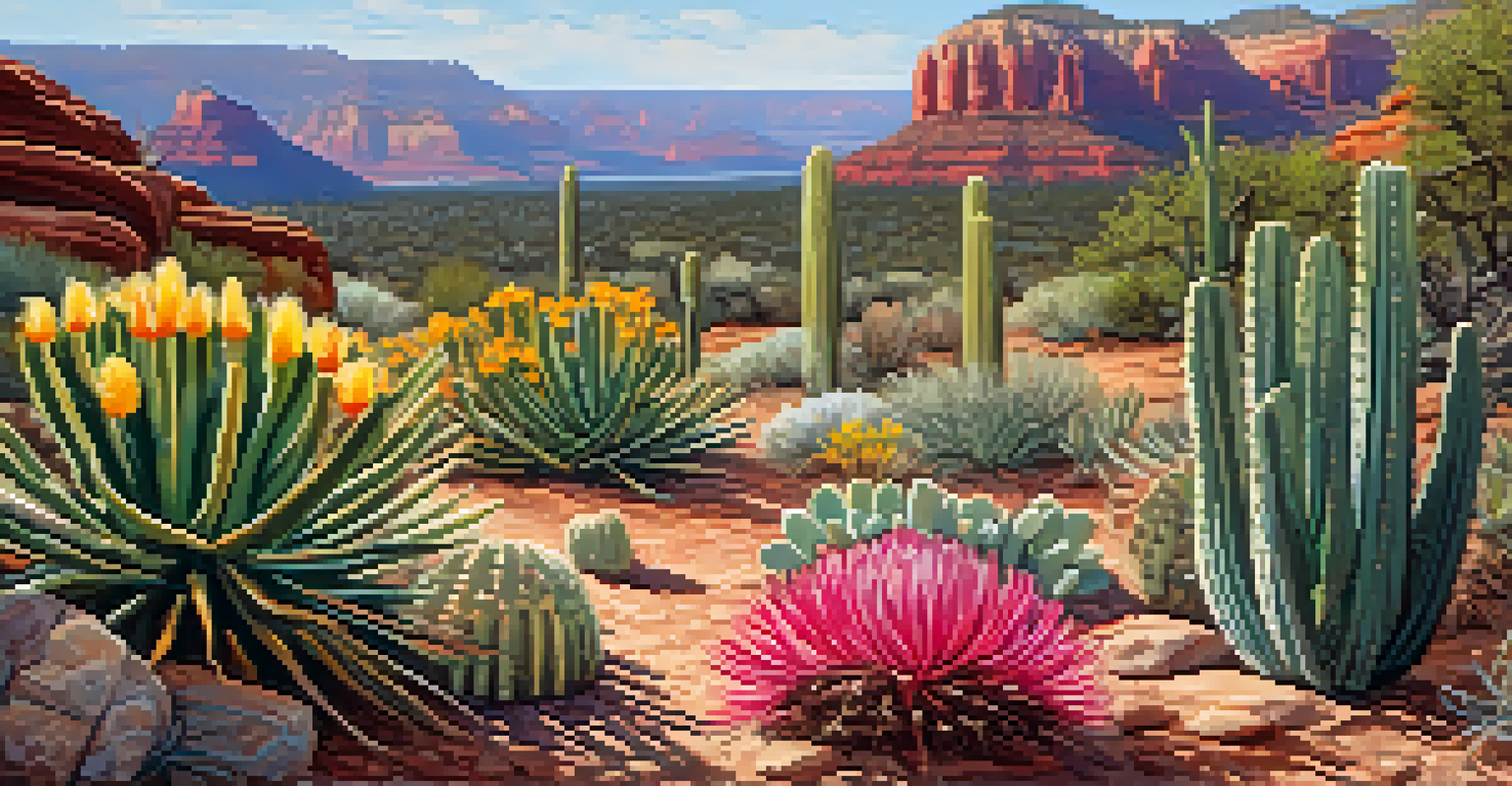 Close-up of native plants in Sedona, including a blooming cactus and various desert flora, illuminated by sunlight.