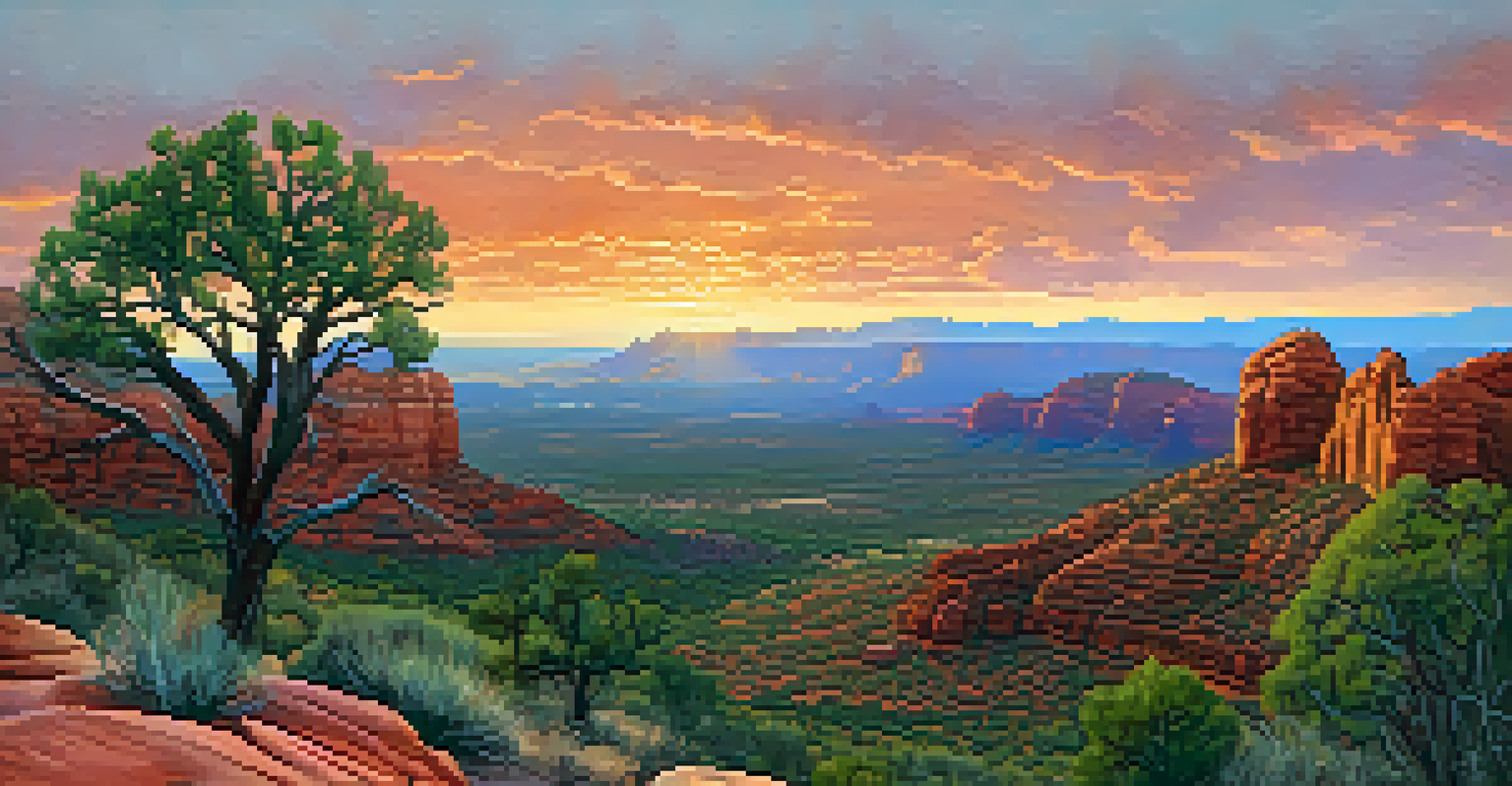 A breathtaking sunset view from Cathedral Rock Trail, featuring silhouetted rock formations and a colorful sky.