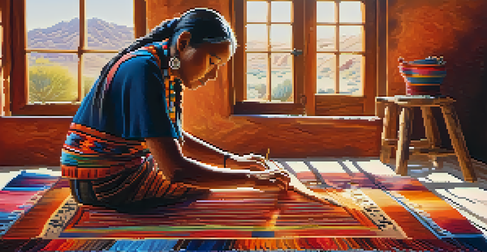 A Navajo woman weaving a colorful rug on a traditional loom in a sunlit room, surrounded by vibrant yarns.