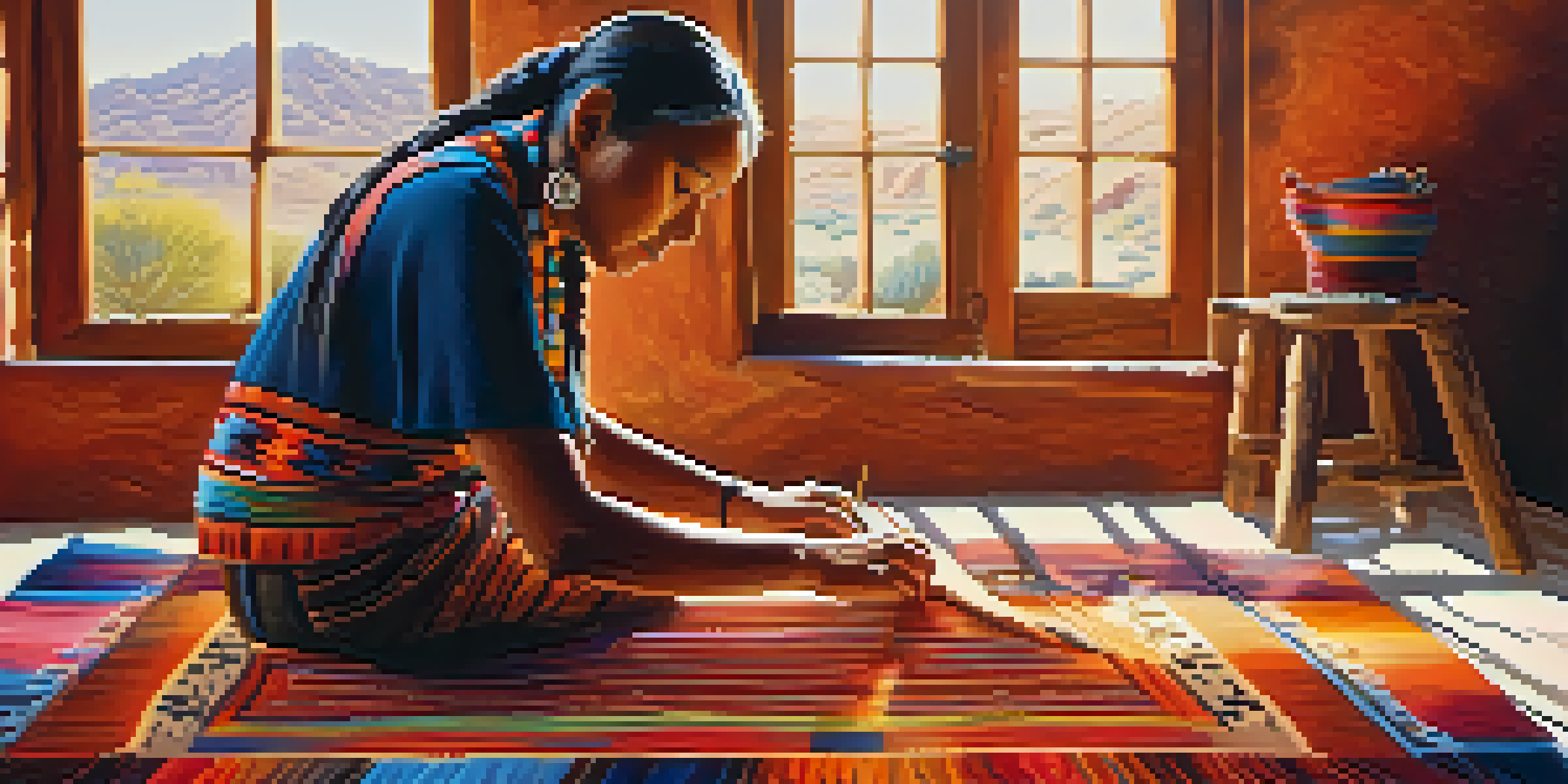A Navajo woman weaving a colorful rug on a traditional loom in a sunlit room, surrounded by vibrant yarns.
