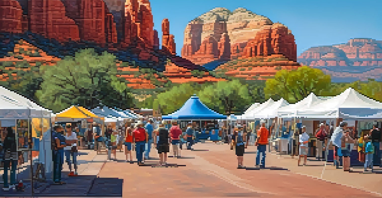 An outdoor art festival in Sedona with colorful tents, local artisans displaying their work, and the red rock landscape in the background.