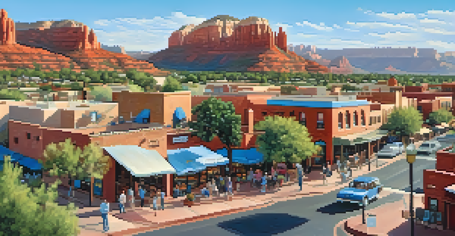 An aerial view of Sedona showing adobe buildings, art galleries, and red rock formations under a clear blue sky.