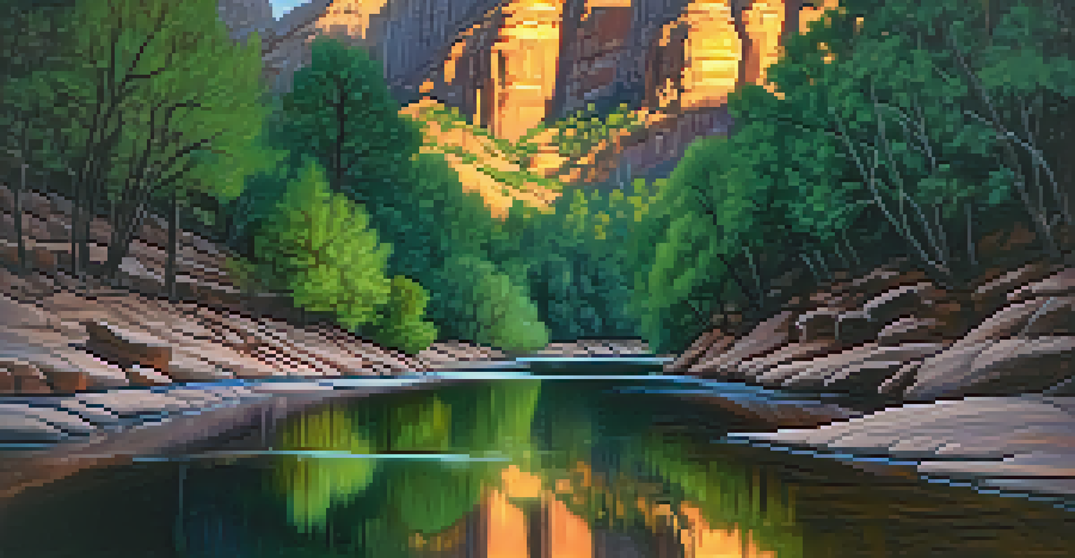 A peaceful night scene at Oak Creek Canyon, with a creek reflecting stars and illuminated canyon walls.