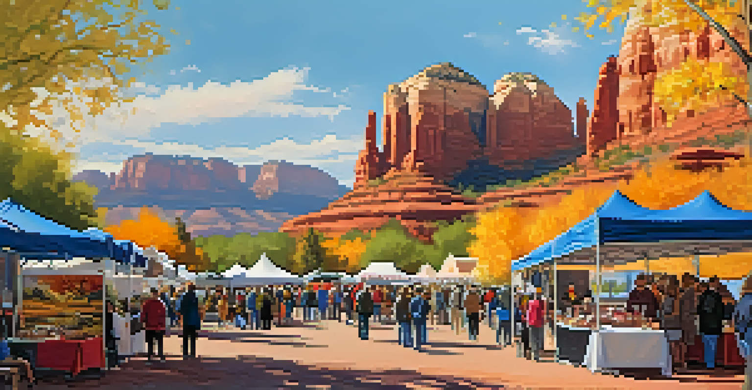 Visitors explore art booths and enjoy food at the Festival of the Arts, with colorful art and red rock scenery in the background.