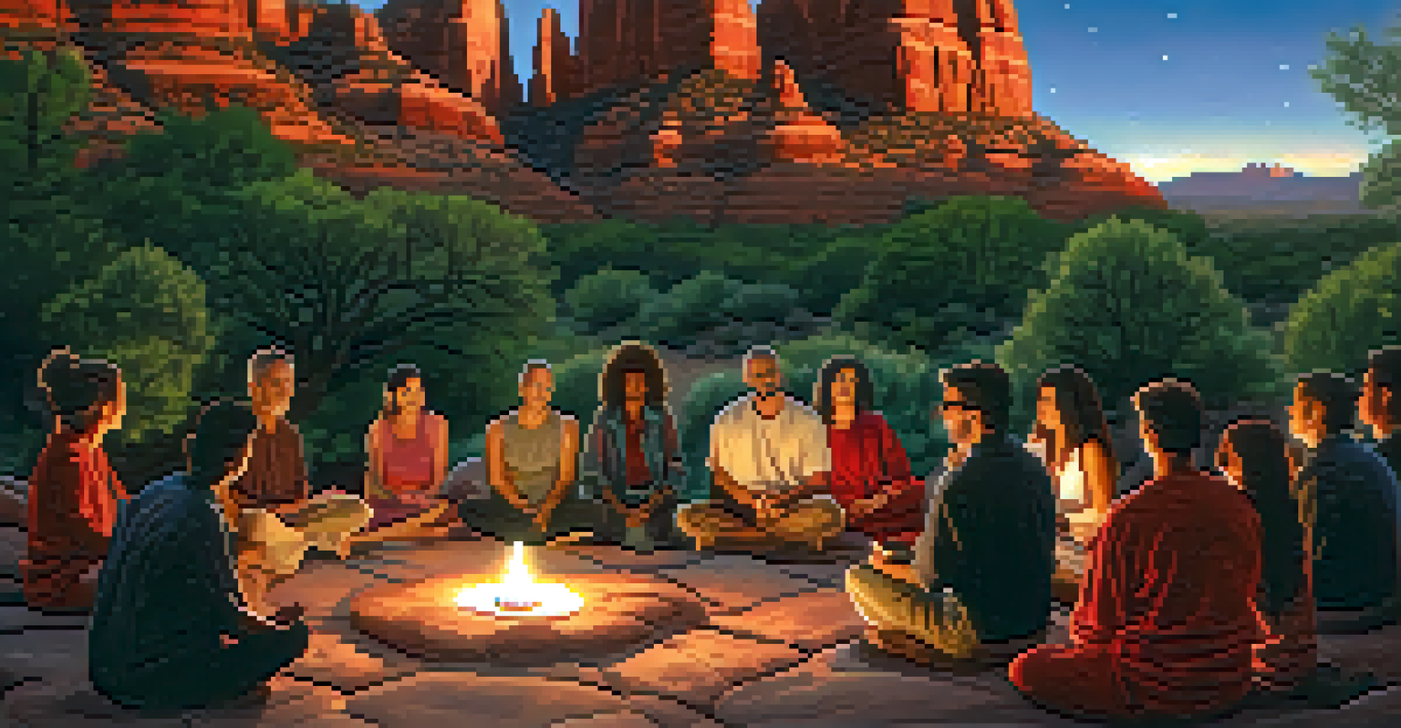 A tranquil outdoor meditation gathering in Sedona, with participants in a serene setting under a starry sky and red rock formations.