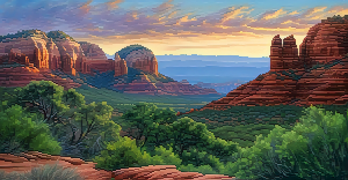 A panoramic view of Sedona's red rock formations during sunset, with vibrant colors and lush greenery in the foreground.