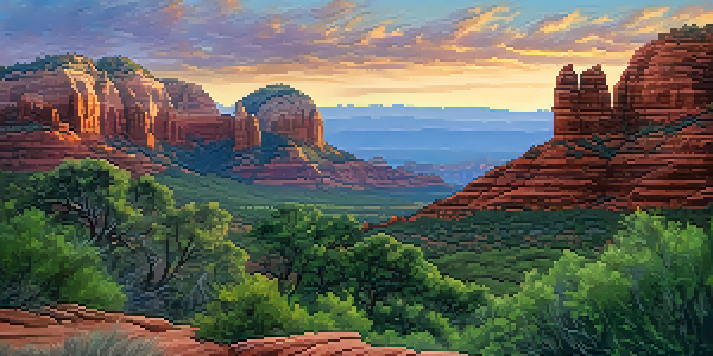 A panoramic view of Sedona's red rock formations during sunset, with vibrant colors and lush greenery in the foreground.