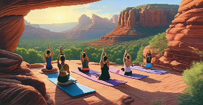 A group of people practicing yoga on a rock formation during sunrise, with red rocks and trees in the background.