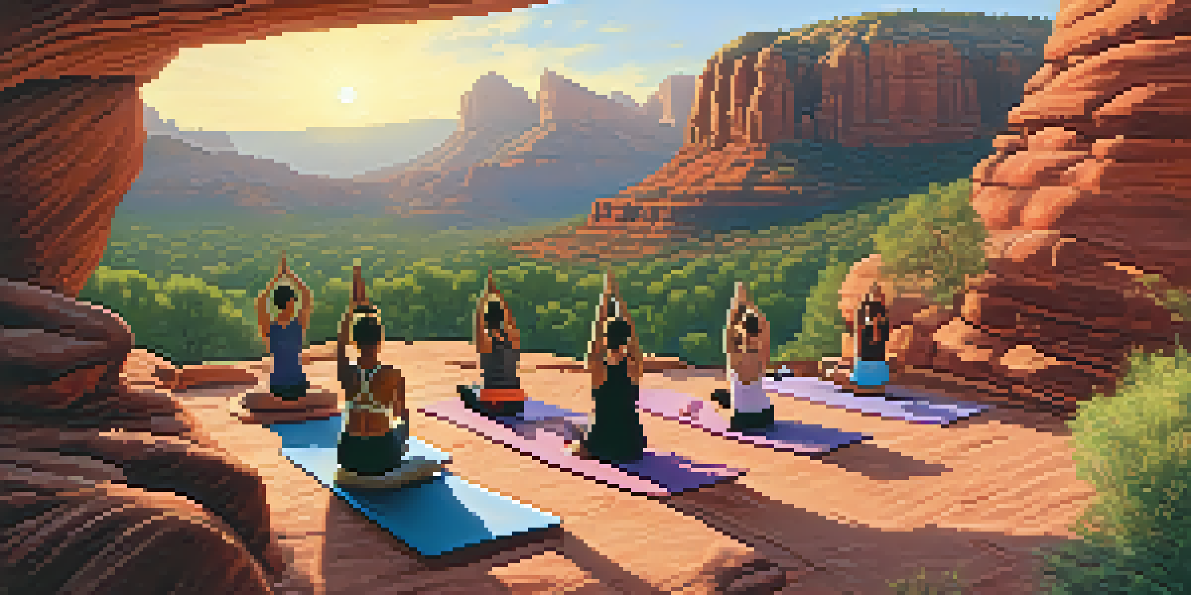 A group of people practicing yoga on a rock formation during sunrise, with red rocks and trees in the background.