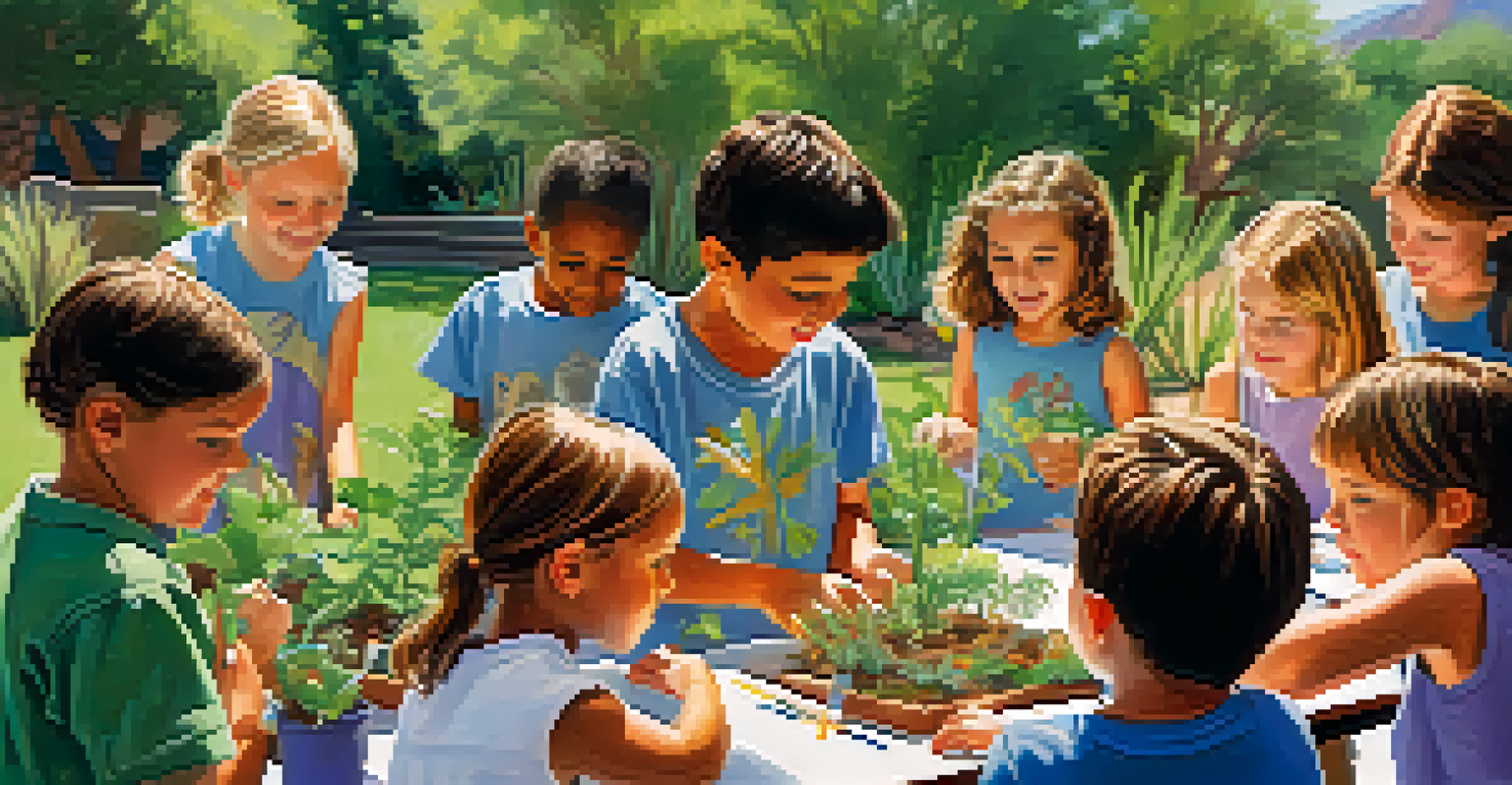 Children participating in an educational workshop in a botanical garden, surrounded by colorful plants and bright sunlight.