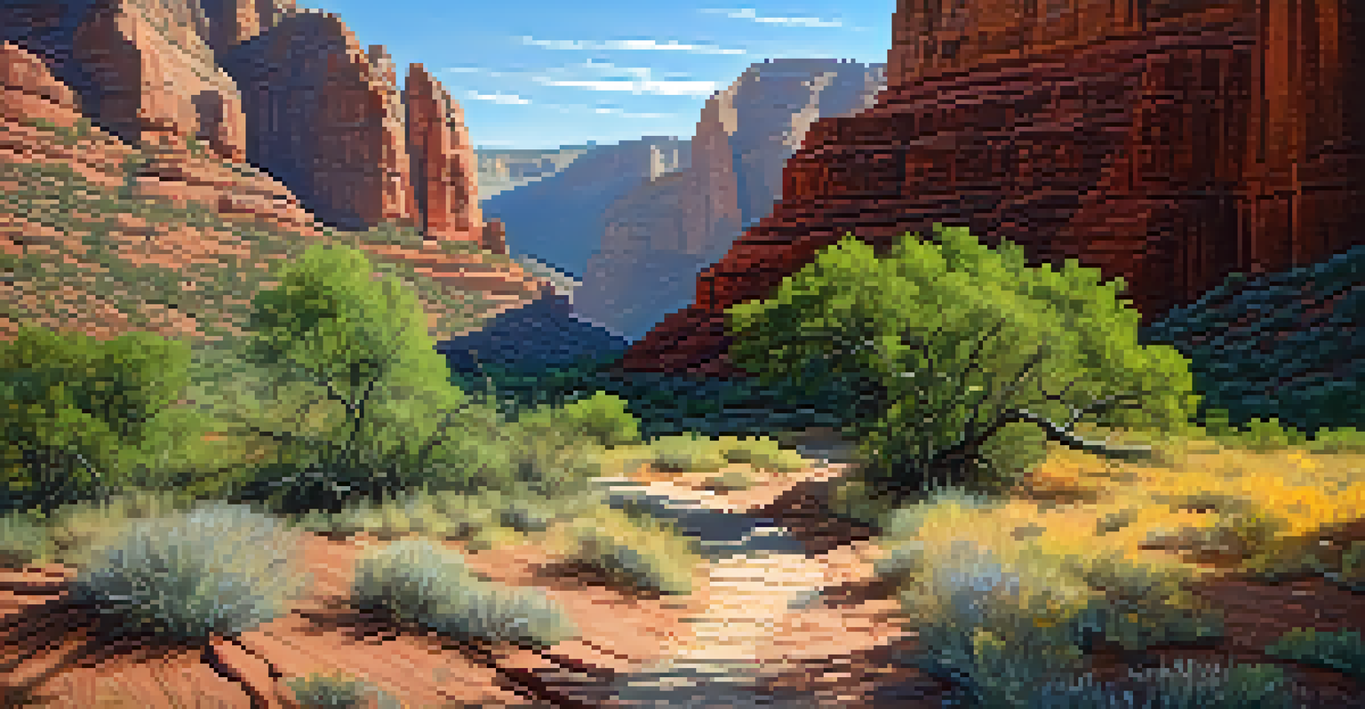 A scenic view of Fay Canyon with a hiking trail surrounded by wildflowers and red rock cliffs under a bright blue sky.