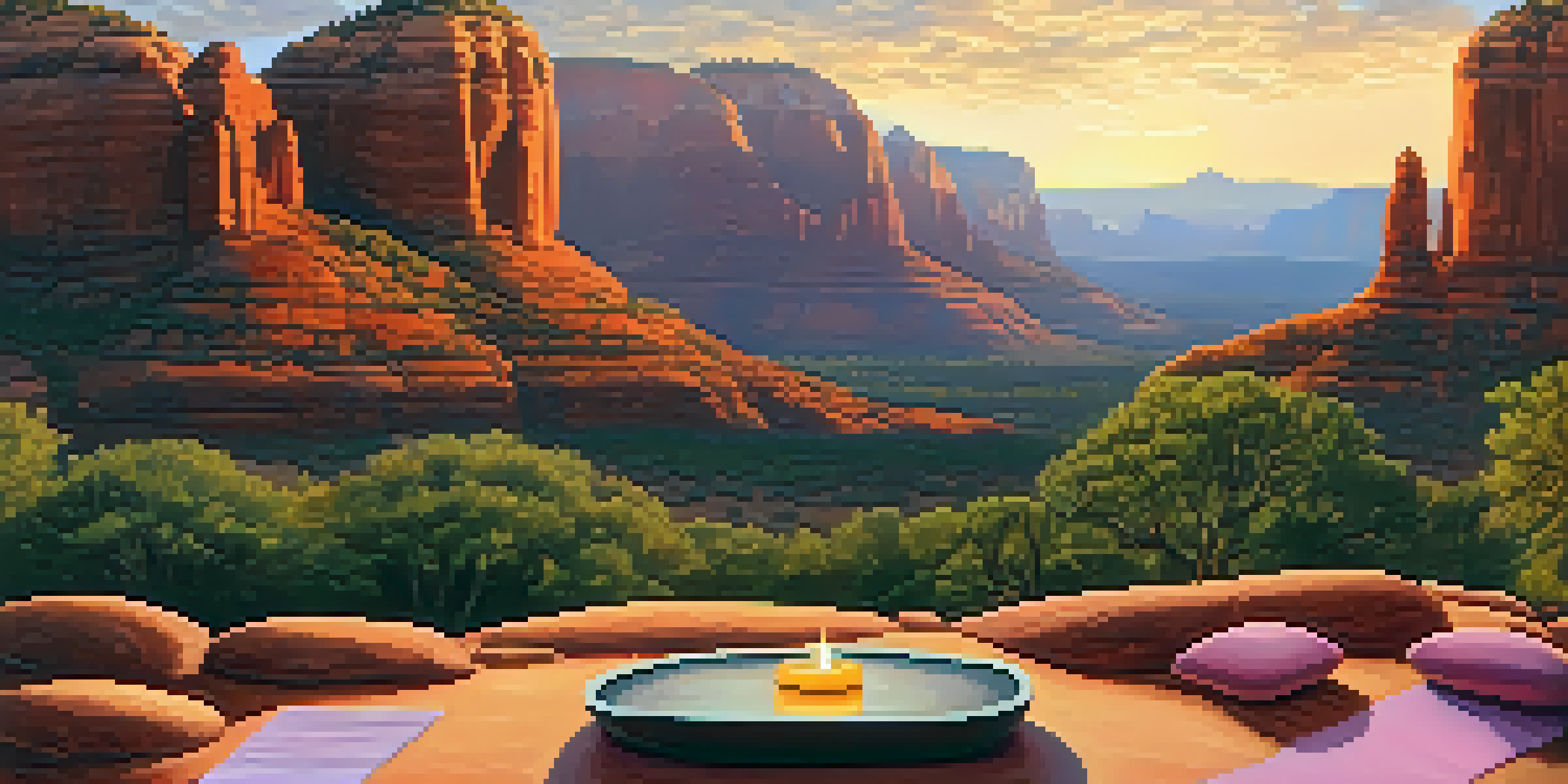 A peaceful sunrise illuminating the red rock formations of Sedona, with a meditation space in the foreground featuring a yoga mat and crystals.