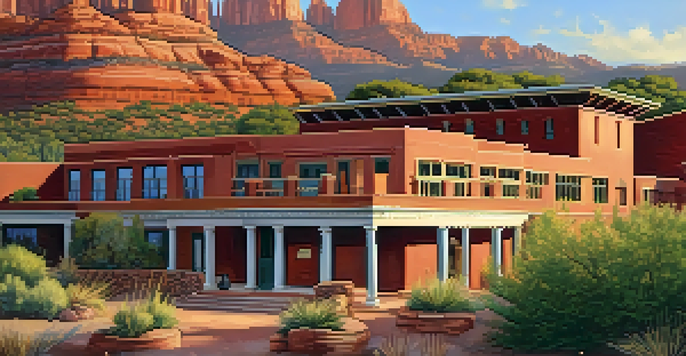 A panoramic view of the Sedona Heritage Museum with red rock formations in the background during sunset.