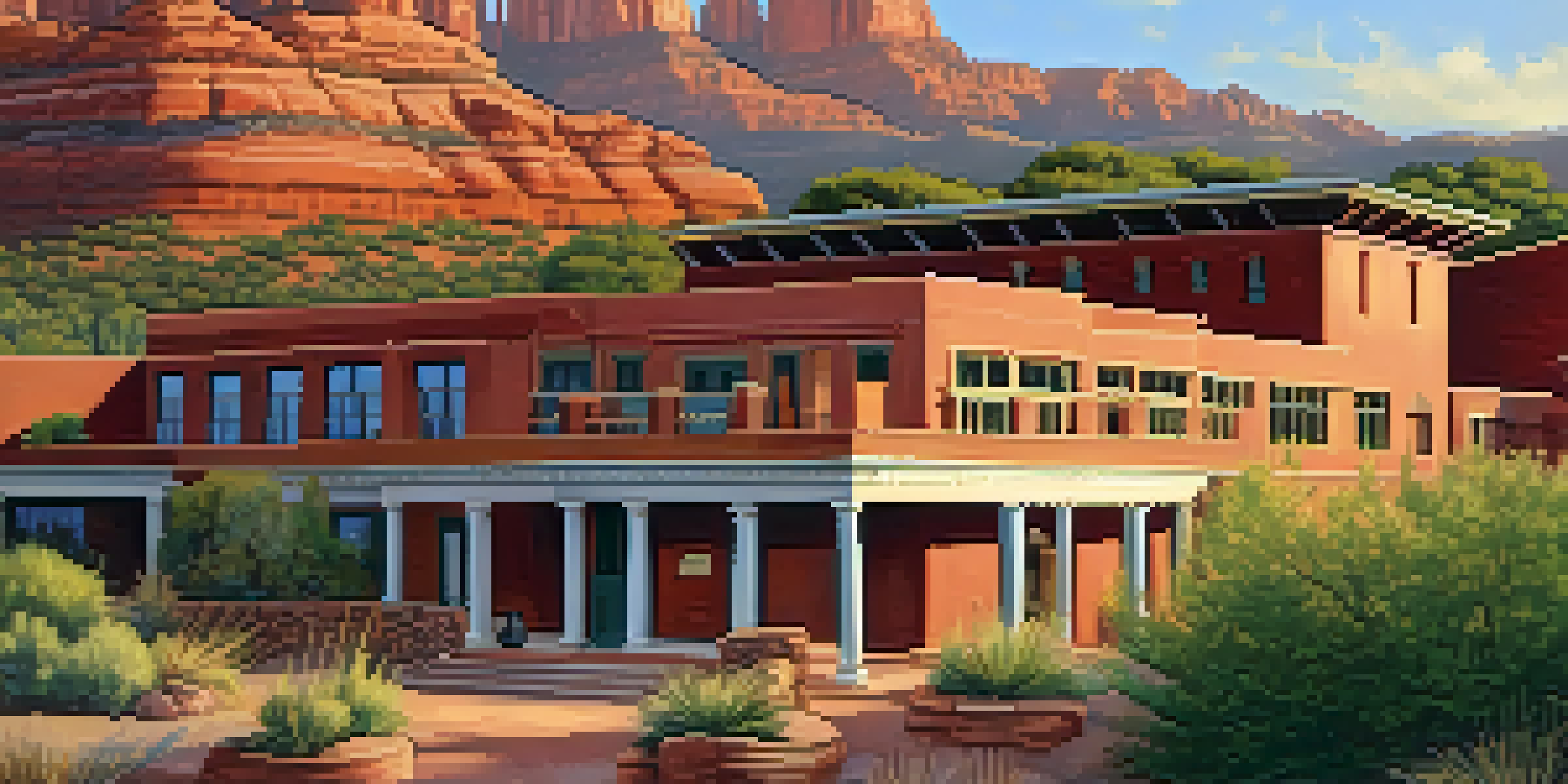 A panoramic view of the Sedona Heritage Museum with red rock formations in the background during sunset.