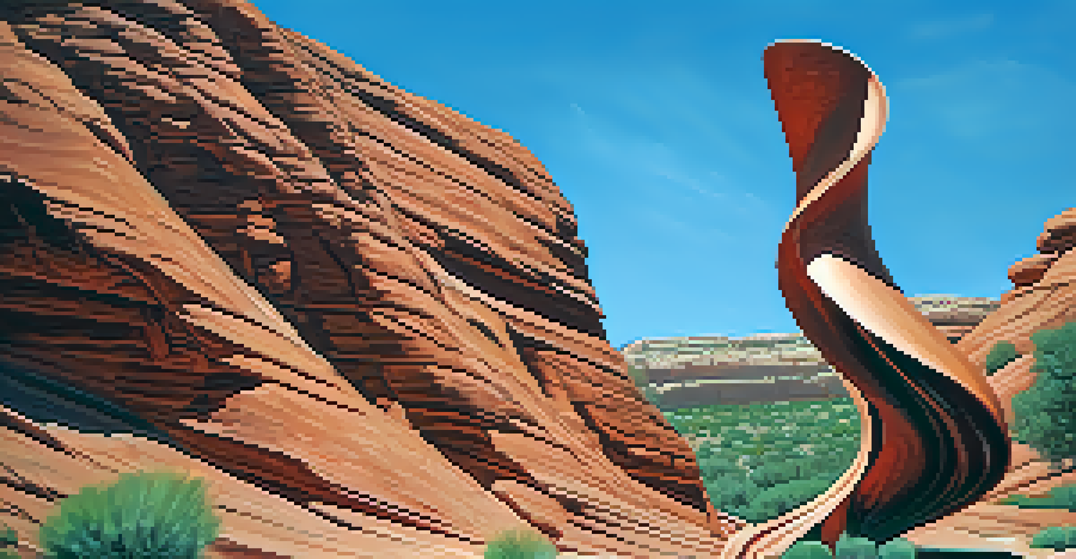 The 'Sedona Wind Sculpture' in motion against a backdrop of blue skies and red rock formations.