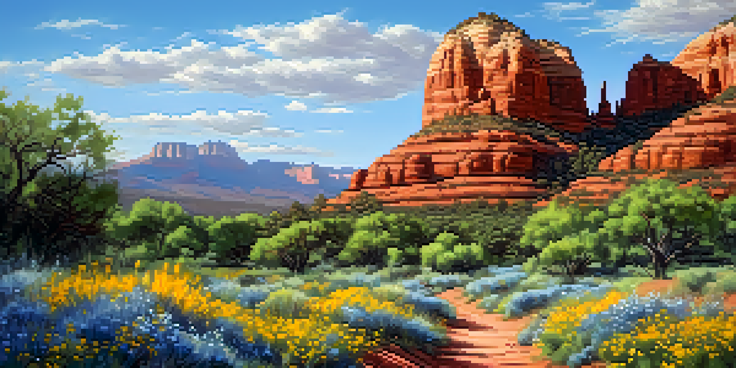A scenic view of the Bell Rock Trail in Sedona during spring, filled with wildflowers and lush greenery, with red rock formations in the background.