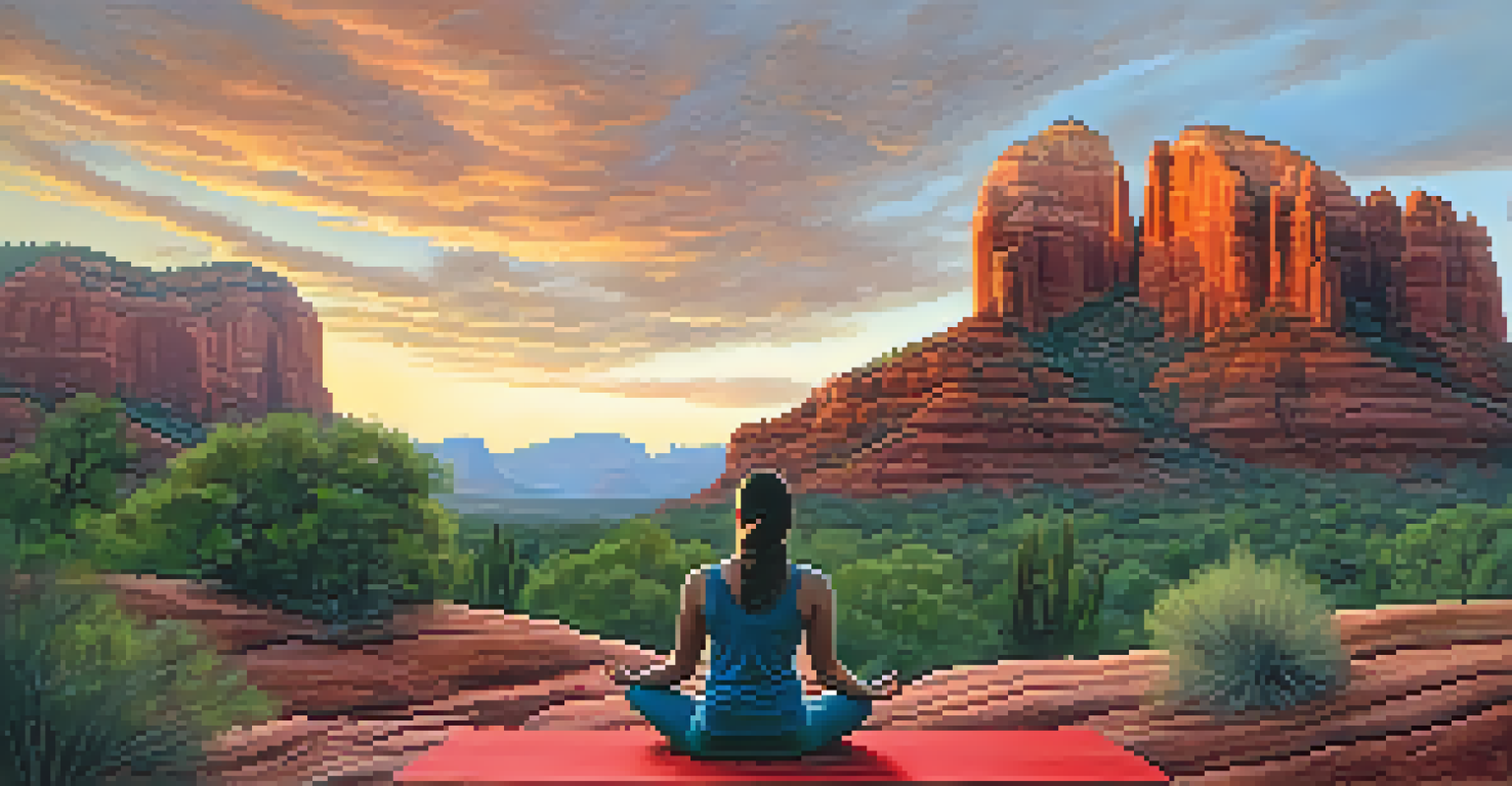 A person meditating on a yoga mat at the base of Cathedral Rock, surrounded by lush greenery and red rock formations under a dusky sky.