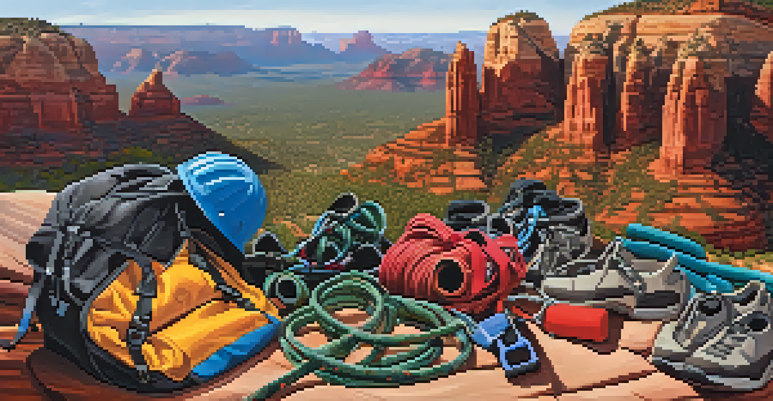 A display of climbing gear including a harness, rope, and quickdraws on a rocky surface with Sedona's red rocks in the background.