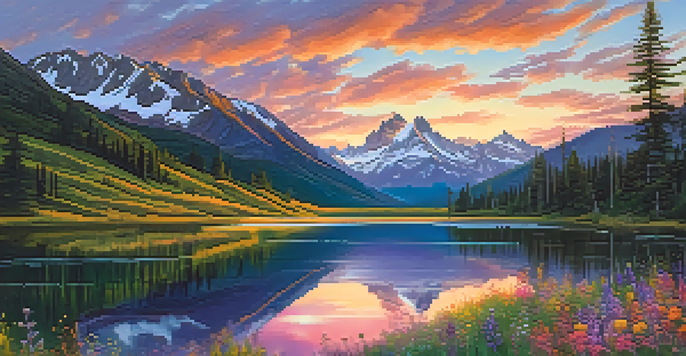 A vibrant sunset over snow-capped mountains, with a lake reflecting the colorful sky and surrounded by green trees and wildflowers.
