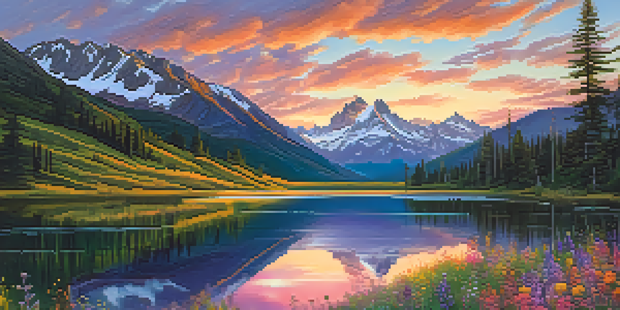 A vibrant sunset over snow-capped mountains, with a lake reflecting the colorful sky and surrounded by green trees and wildflowers.